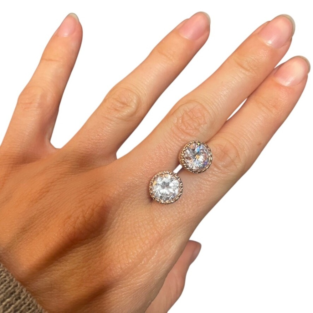 Rose Gold Tone Round Cubic Zirconia Halo Stud Earrings Clear CZ Solitaire 8mm